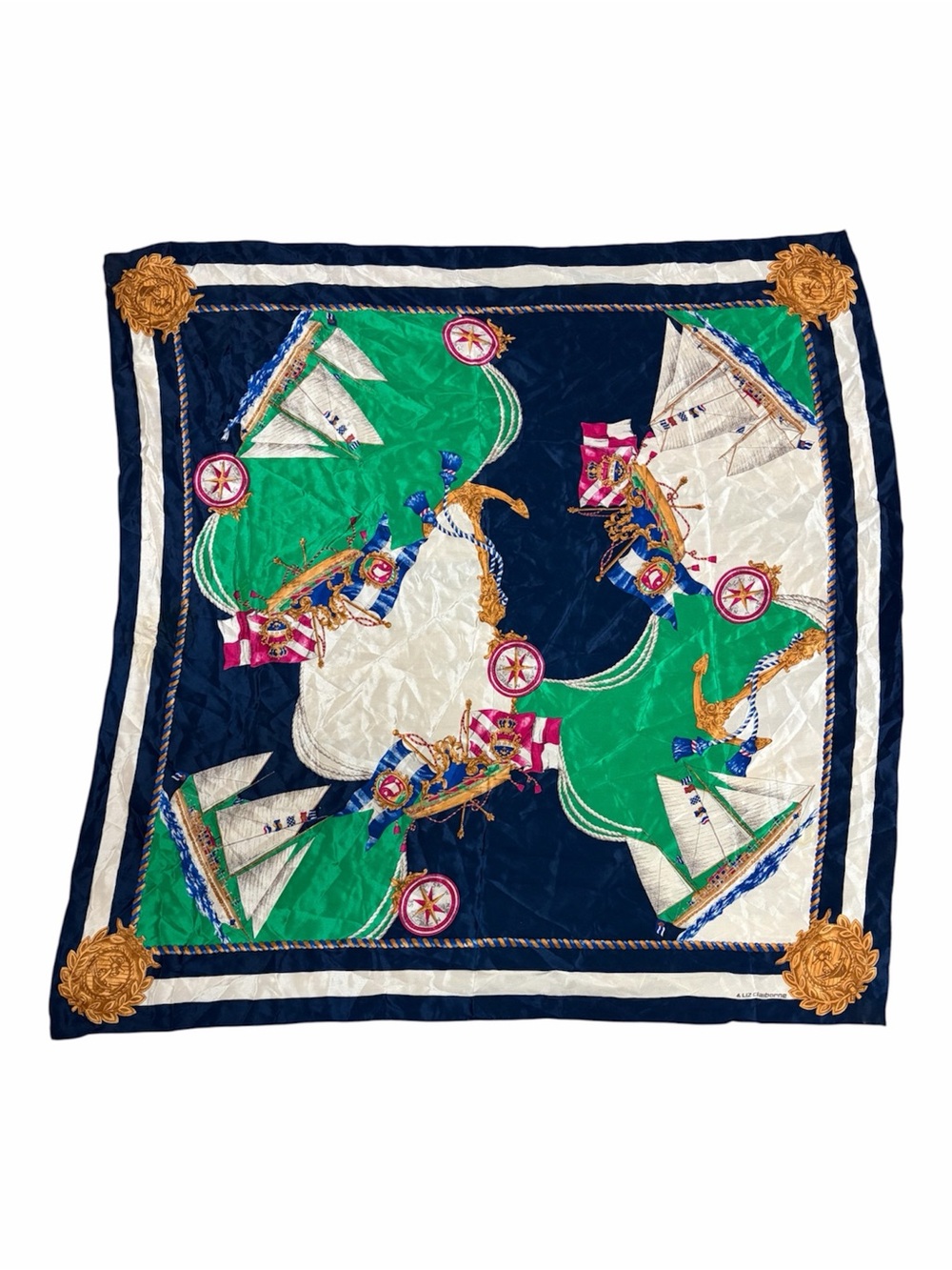 Liz Claiborne Nautical Sailboat Silk Scarf in Navy, Green & Cream